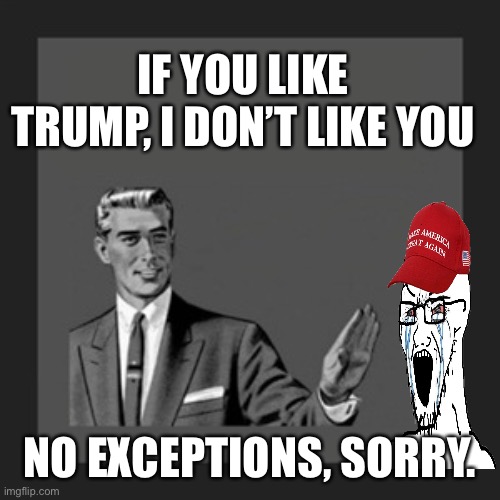 Kill Yourself Guy | IF YOU LIKE TRUMP, I DON’T LIKE YOU; NO EXCEPTIONS, SORRY. | image tagged in memes,kill yourself guy | made w/ Imgflip meme maker