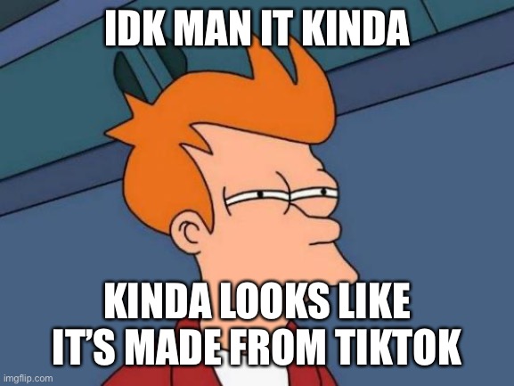 Futurama Fry Meme | IDK MAN IT KINDA KINDA LOOKS LIKE IT’S MADE FROM TIKTOK | image tagged in memes,futurama fry | made w/ Imgflip meme maker