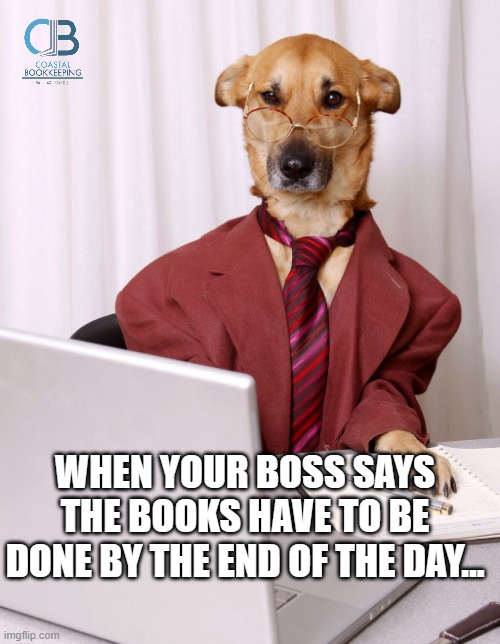 Dog Bookkeeper | WHEN YOUR BOSS SAYS THE BOOKS HAVE TO BE DONE BY THE END OF THE DAY… | image tagged in dog accountant | made w/ Imgflip meme maker