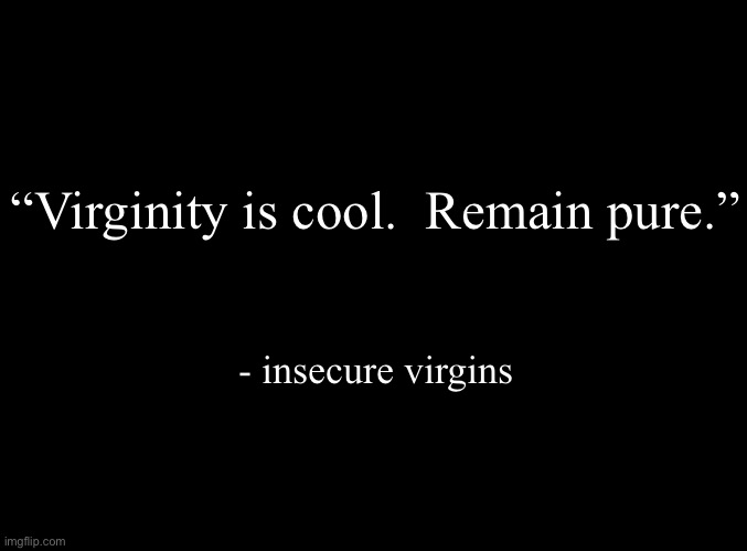 P | “Virginity is cool.  Remain pure.”; - insecure virgins | image tagged in blank black | made w/ Imgflip meme maker