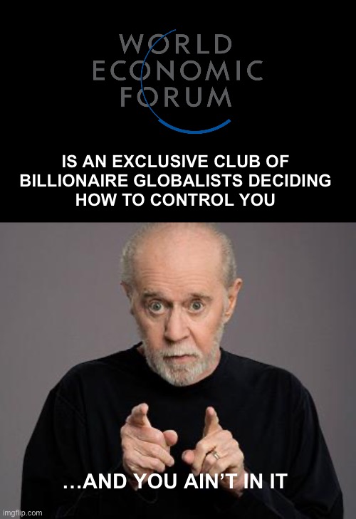 Schwab, Soros and Gates aren’t your friends | IS AN EXCLUSIVE CLUB OF 
BILLIONAIRE GLOBALISTS DECIDING 
HOW TO CONTROL YOU; …AND YOU AIN’T IN IT | image tagged in george carlin,wef | made w/ Imgflip meme maker