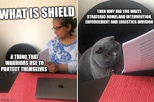 S.H.I.E.L.D | THEN WHY DID YOU WRITE STRATEGIC HOMELAND INTERVENTION, ENFORCEMENT AND LOGISTICS DIVISION; WHAT IS SHIELD; A THING THAT WARRIORS USE TO PROTECT THEMSELVES | image tagged in woman showing paper to cat,shield,nick fury,marvel,marvel comics,mcu | made w/ Imgflip meme maker
