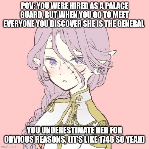 Wdyd | POV: YOU WERE HIRED AS A PALACE GUARD, BUT WHEN YOU GO TO MEET EVERYONE YOU DISCOVER SHE IS THE GENERAL; YOU UNDERESTIMATE HER FOR OBVIOUS REASONS. (IT'S LIKE 1746 SO YEAH) | image tagged in roleplaying | made w/ Imgflip meme maker