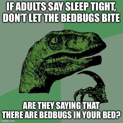 This is a very clever title | IF ADULTS SAY SLEEP TIGHT, DON’T LET THE BEDBUGS BITE; ARE THEY SAYING THAT THERE ARE BEDBUGS IN YOUR BED? | image tagged in memes,philosoraptor,bed,bugs,hello,squidward | made w/ Imgflip meme maker
