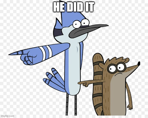 Mordecai and Rigby pointing | HE DID IT | image tagged in mordecai and rigby pointing | made w/ Imgflip meme maker