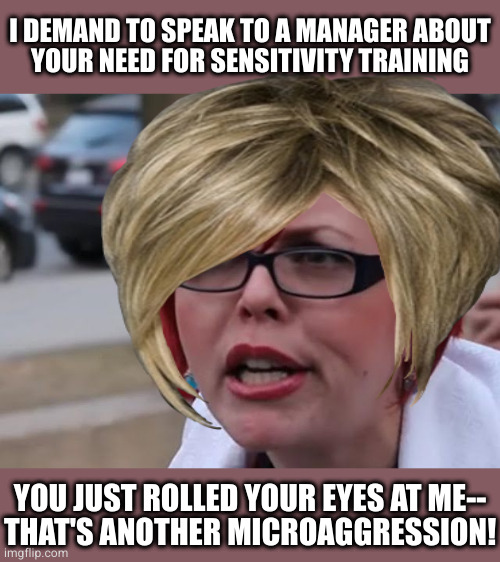 Social Justice Karen | I DEMAND TO SPEAK TO A MANAGER ABOUT
YOUR NEED FOR SENSITIVITY TRAINING; YOU JUST ROLLED YOUR EYES AT ME--
THAT'S ANOTHER MICROAGGRESSION! | image tagged in sjw,karen | made w/ Imgflip meme maker
