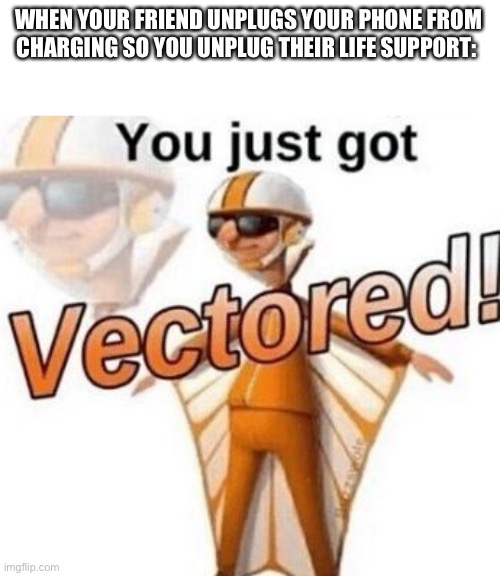 You just got vectored | WHEN YOUR FRIEND UNPLUGS YOUR PHONE FROM CHARGING SO YOU UNPLUG THEIR LIFE SUPPORT: | image tagged in you just got vectored | made w/ Imgflip meme maker