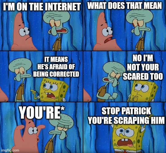 you're* |  I'M ON THE INTERNET; WHAT DOES THAT MEAN; NO I'M NOT YOUR SCARED TOO; IT MEANS HE'S AFRAID OF BEING CORRECTED; YOU'RE*; STOP PATRICK YOU'RE SCRAPING HIM | image tagged in stop it patrick you're scaring him,why | made w/ Imgflip meme maker