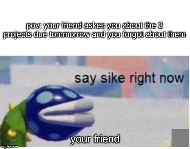 that one friend who forgets projects all the time | pov: your friend askes you about the 2 projects due tommorrow and you forgot about them; your friend | image tagged in say sike right now,doom | made w/ Imgflip meme maker