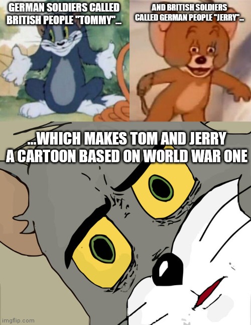 mind blown ? | AND BRITISH SOLDIERS CALLED GERMAN PEOPLE "JERRY"... GERMAN SOLDIERS CALLED BRITISH PEOPLE "TOMMY"... ...WHICH MAKES TOM AND JERRY A CARTOON BASED ON WORLD WAR ONE | image tagged in tom and jerry - tom who knows,polish jerry,memes,unsettled tom | made w/ Imgflip meme maker