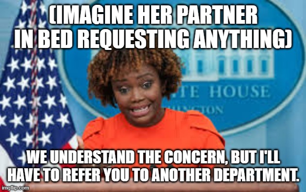Karine Jean-Pierre | (IMAGINE HER PARTNER IN BED REQUESTING ANYTHING) WE UNDERSTAND THE CONCERN, BUT I'LL HAVE TO REFER YOU TO ANOTHER DEPARTMENT. | image tagged in karine jean-pierre | made w/ Imgflip meme maker