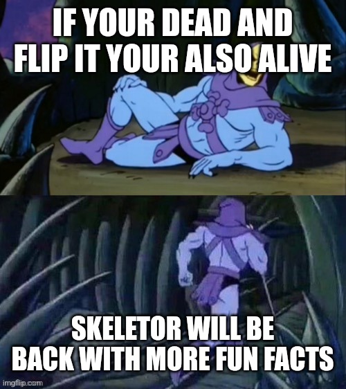 Skeletor disturbing facts | IF YOUR DEAD AND FLIP IT YOUR ALSO ALIVE SKELETOR WILL BE BACK WITH MORE FUN FACTS | image tagged in skeletor disturbing facts | made w/ Imgflip meme maker