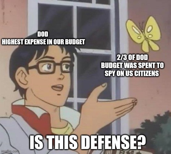 Is This A Pigeon Meme | DOD 
HIGHEST EXPENSE IN OUR BUDGET; 2/3 OF DOD BUDGET WAS SPENT TO SPY ON US CITIZENS; IS THIS DEFENSE? | image tagged in memes,is this a pigeon | made w/ Imgflip meme maker