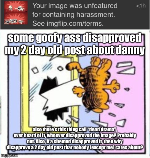 some goofy ass disapproved my 2 day old post about danny; also there’s this thing call “dead drama”, ever heard of it, whoever disapproved the image? Probably not. Also, if a sitemod disapproved it, then why disapprove a 2 day old post that nobody (except me) cares about? | image tagged in garfield gets thrown out of a window | made w/ Imgflip meme maker