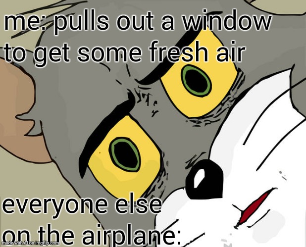 uh-oh | me: pulls out a window to get some fresh air; everyone else on the airplane: | image tagged in memes,unsettled tom | made w/ Imgflip meme maker