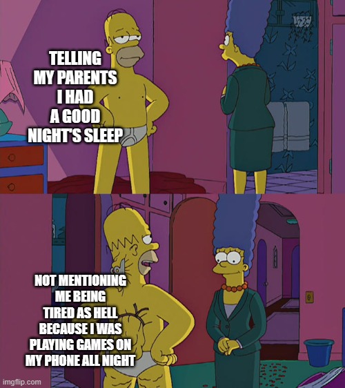 night gaming | TELLING MY PARENTS I HAD A GOOD NIGHT'S SLEEP; NOT MENTIONING ME BEING TIRED AS HELL BECAUSE I WAS PLAYING GAMES ON MY PHONE ALL NIGHT | image tagged in homer simpson's back fat,funny memes | made w/ Imgflip meme maker