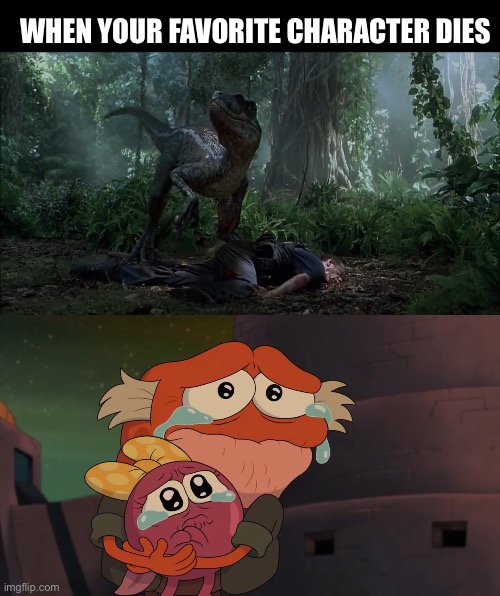 Hop Pop and Polly watch Udesky’s death in JP3 | WHEN YOUR FAVORITE CHARACTER DIES | image tagged in jurassic park,amphibia,favorite,characters,raptor,crying | made w/ Imgflip meme maker