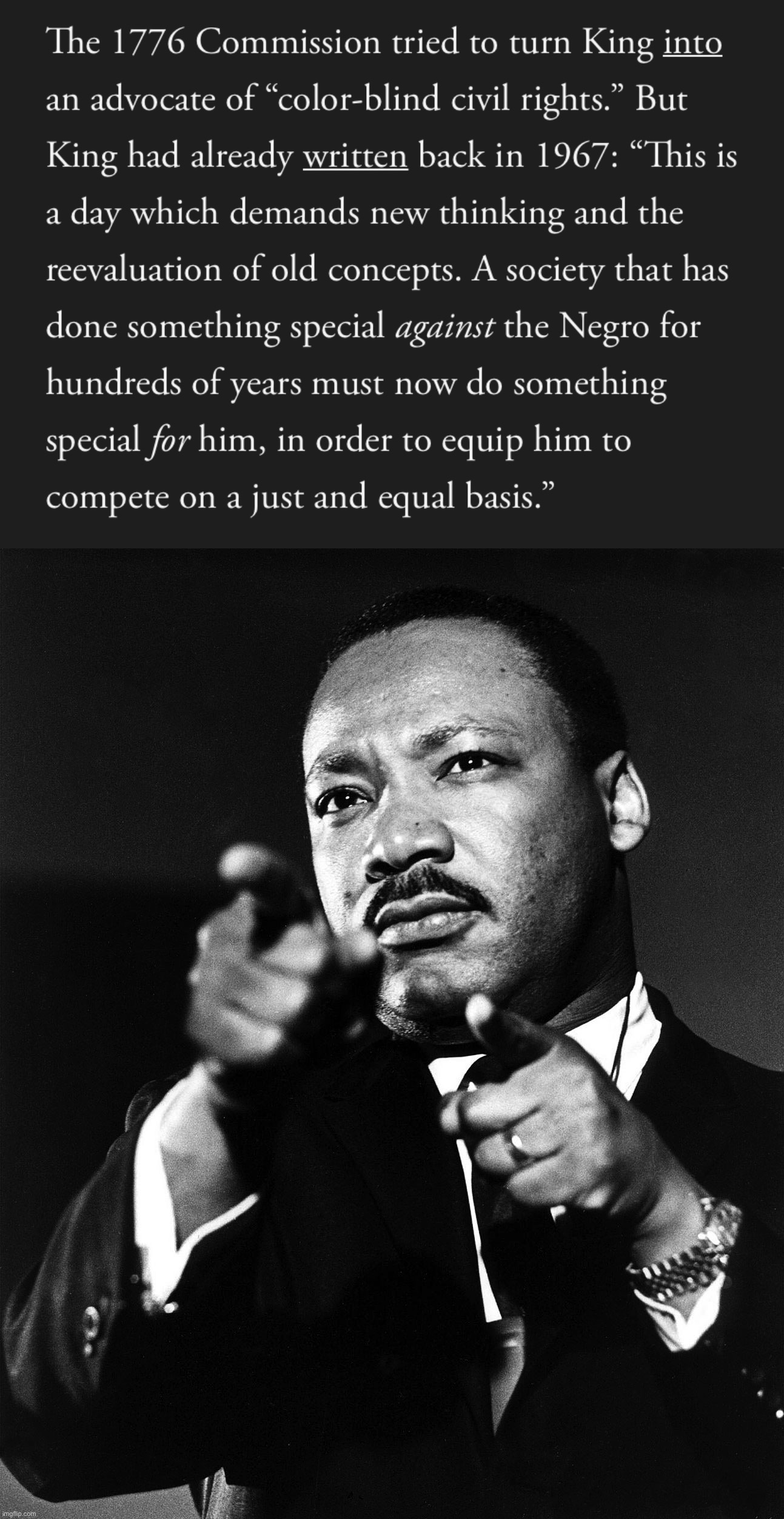 Centuries of slavery, disenfranchisement & discrimination by the U.S. created a special debt owed by us that hasn’t been paid. | image tagged in mlk supported affirmative action,mlk fingers,mlk,mlk jr,martin luther king jr,affirmative action | made w/ Imgflip meme maker