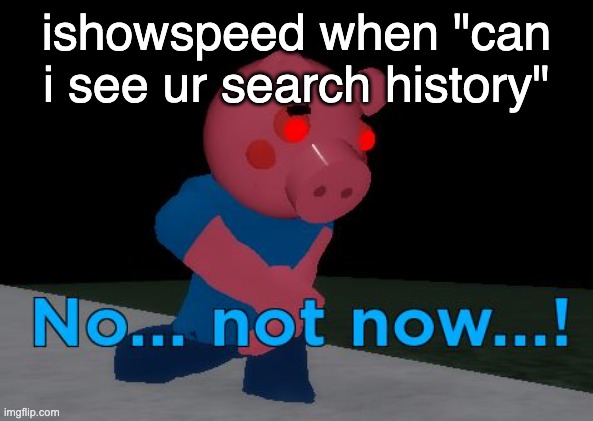 meme from deranged roblox pig game + speed | ishowspeed when "can i see ur search history" | image tagged in not now george pig | made w/ Imgflip meme maker