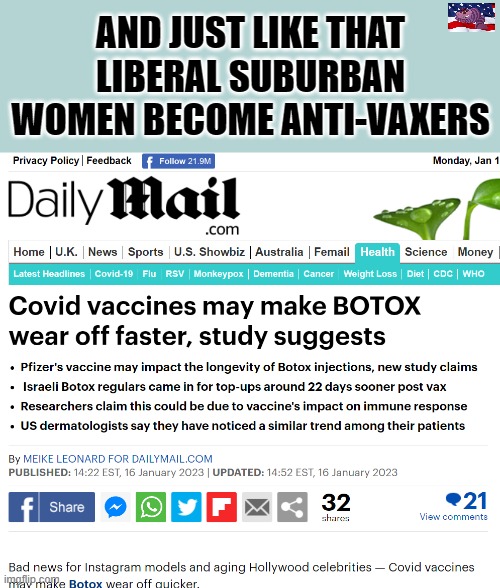 When told it causes death, there were crickets, now an uproar. | AND JUST LIKE THAT LIBERAL SUBURBAN WOMEN BECOME ANTI-VAXERS | image tagged in daily mail | made w/ Imgflip meme maker