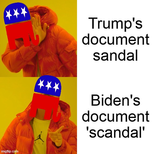blatant hypocrisy, like always | Trump's document sandal; Biden's document 'scandal' | image tagged in memes,drake hotline bling | made w/ Imgflip meme maker