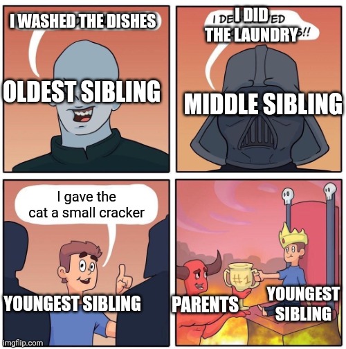 Annoying | I DID THE LAUNDRY; I WASHED THE DISHES; OLDEST SIBLING; MIDDLE SIBLING; I gave the cat a small cracker; PARENTS; YOUNGEST SIBLING; YOUNGEST SIBLING | image tagged in 1 trophy | made w/ Imgflip meme maker