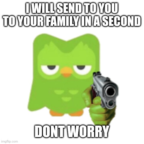 Duolingo | I WILL SEND TO YOU TO YOUR FAMILY IN A SECOND DONT WORRY | image tagged in duolingo | made w/ Imgflip meme maker