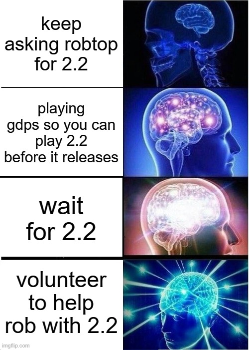 better stop with the first one | keep asking robtop for 2.2; playing gdps so you can play 2.2 before it releases; wait for 2.2; volunteer to help rob with 2.2 | image tagged in memes,expanding brain,geometry dash,2_2 geometry dash | made w/ Imgflip meme maker
