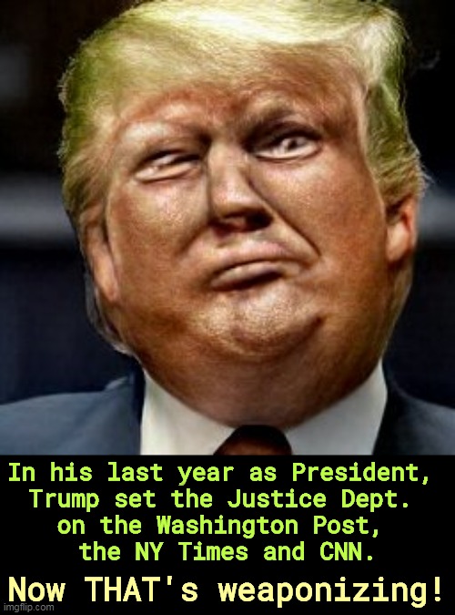The REAL Weaponizer-in-Chief | In his last year as President, 

Trump set the Justice Dept. 
on the Washington Post, 
the NY Times and CNN. Now THAT's weaponizing! | image tagged in trump,doj,maga,weapon | made w/ Imgflip meme maker