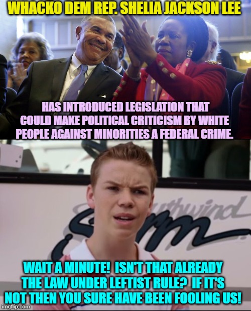 Heck  . . . it certainly FEELS like a law under leftist rule. | WHACKO DEM REP. SHELIA JACKSON LEE; HAS INTRODUCED LEGISLATION THAT COULD MAKE POLITICAL CRITICISM BY WHITE PEOPLE AGAINST MINORITIES A FEDERAL CRIME. WAIT A MINUTE!  ISN'T THAT ALREADY THE LAW UNDER LEFTIST RULE?  IF IT'S NOT THEN YOU SURE HAVE BEEN FOOLING US! | image tagged in truth | made w/ Imgflip meme maker