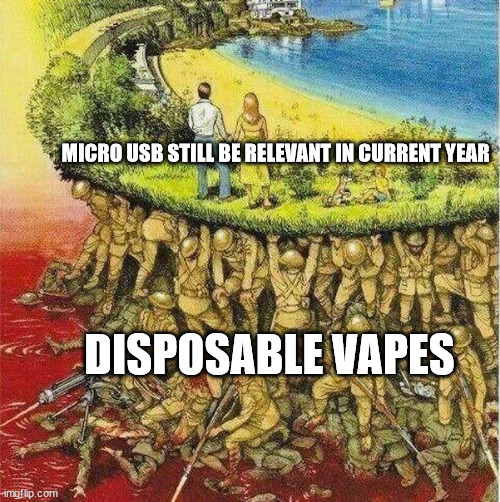 they are the last thing keeping it alive | MICRO USB STILL BE RELEVANT IN CURRENT YEAR; DISPOSABLE VAPES | image tagged in soldiers hold up society | made w/ Imgflip meme maker
