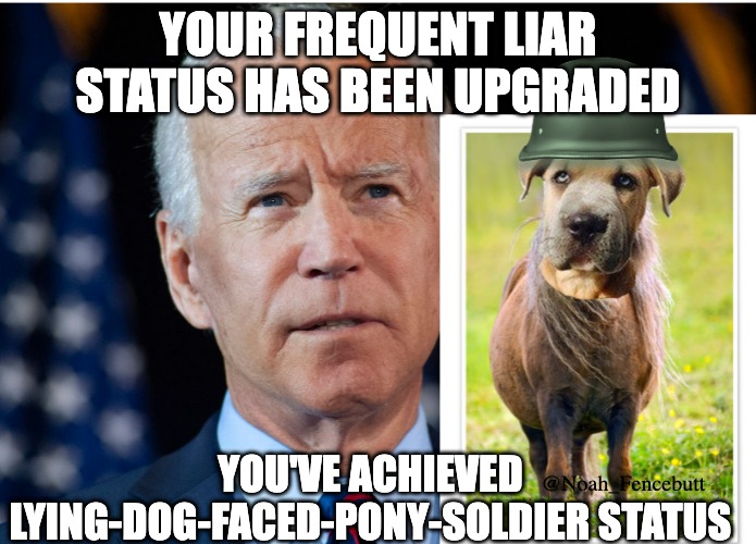 Biden Frequent Liar Point Status | YOUR FREQUENT LIAR STATUS HAS BEEN UPGRADED; YOU'VE ACHIEVED LYING-DOG-FACED-PONY-SOLDIER STATUS; @Noah_Fencebutt | image tagged in lying dog faced pony soldier | made w/ Imgflip meme maker