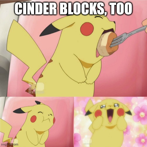 pikachu eating cake | CINDER BLOCKS, TOO | image tagged in pikachu eating cake | made w/ Imgflip meme maker