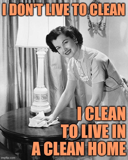 Clean to Live | I DON'T LIVE TO CLEAN; I CLEAN TO LIVE IN A CLEAN HOME | image tagged in 1950s housewife,cleaning,housework,sayings,home,so true memes | made w/ Imgflip meme maker