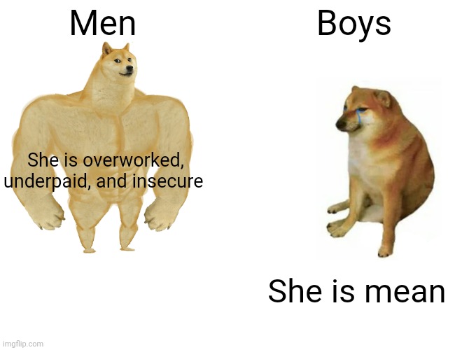 Buff Doge vs. Cheems Meme | Men Boys She is overworked, underpaid, and insecure She is mean | image tagged in memes,buff doge vs cheems | made w/ Imgflip meme maker