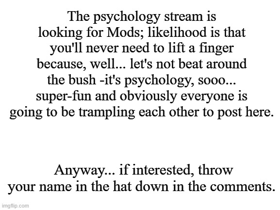 Blank White Template | The psychology stream is looking for Mods; likelihood is that you'll never need to lift a finger because, well... let's not beat around the bush -it's psychology, sooo... super-fun and obviously everyone is going to be trampling each other to post here. Anyway... if interested, throw your name in the hat down in the comments. | image tagged in blank white template | made w/ Imgflip meme maker