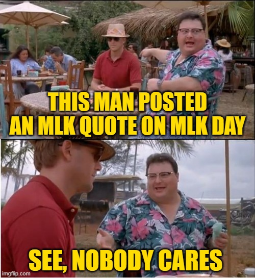 MLK Quote Day | THIS MAN POSTED AN MLK QUOTE ON MLK DAY; SEE, NOBODY CARES | image tagged in memes,see nobody cares,funny,mlk jr,quotes,january | made w/ Imgflip meme maker