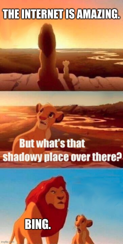 Simba Shadowy Place | THE INTERNET IS AMAZING. BING. | image tagged in memes,simba shadowy place | made w/ Imgflip meme maker