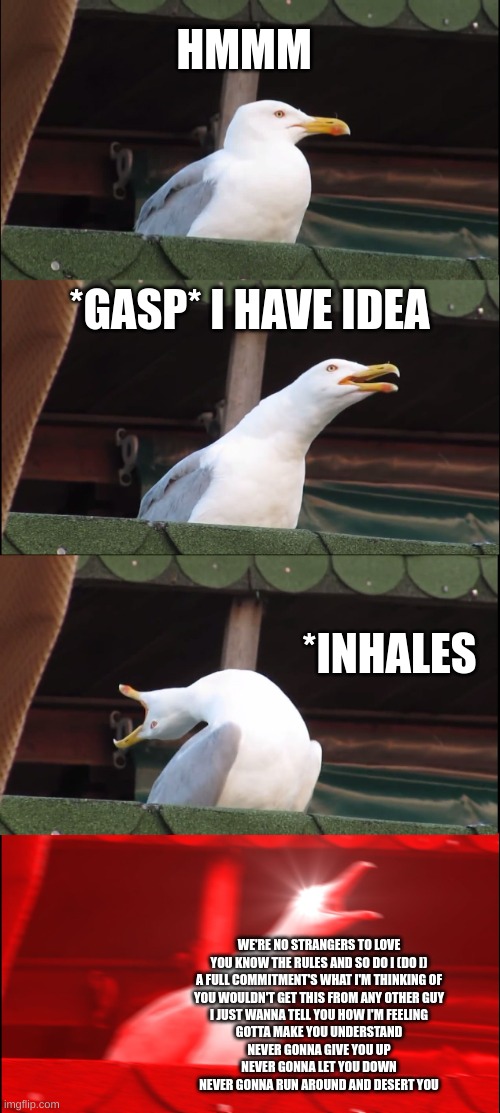 Seagul have Idea | HMMM; *GASP* I HAVE IDEA; *INHALES; WE'RE NO STRANGERS TO LOVE
YOU KNOW THE RULES AND SO DO I (DO I)
A FULL COMMITMENT'S WHAT I'M THINKING OF
YOU WOULDN'T GET THIS FROM ANY OTHER GUY
I JUST WANNA TELL YOU HOW I'M FEELING
GOTTA MAKE YOU UNDERSTAND
NEVER GONNA GIVE YOU UP
NEVER GONNA LET YOU DOWN
NEVER GONNA RUN AROUND AND DESERT YOU | image tagged in inhaling seagull,funny memes | made w/ Imgflip meme maker