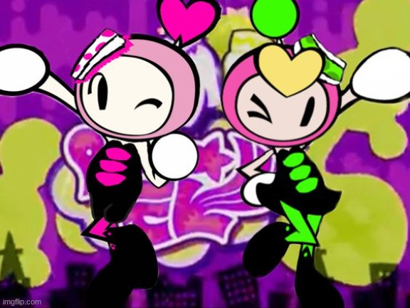 Pink and Pretty Bomber but they're the Squid Sisters (Idk who made this) | image tagged in bomberman,splatoon,crossover | made w/ Imgflip meme maker