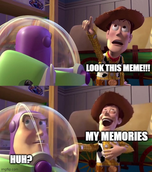 Toy Story funny scene | LOOK THIS MEME!!! HUH? MY MEMORIES | image tagged in toy story funny scene | made w/ Imgflip meme maker