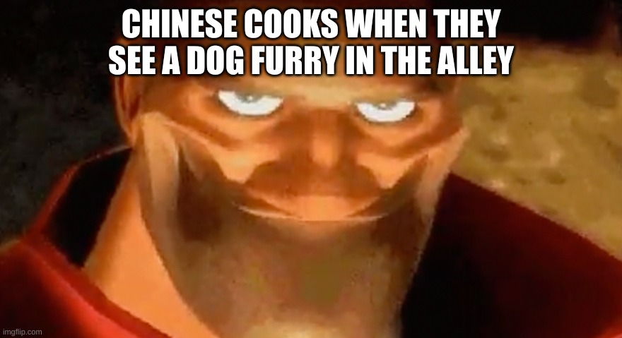 delicous | CHINESE COOKS WHEN THEY SEE A DOG FURRY IN THE ALLEY | image tagged in creepy smile heavy tf2 | made w/ Imgflip meme maker