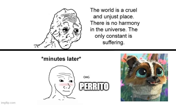 Omg perrito | PERRITO | image tagged in the world is a cruel and unjust place | made w/ Imgflip meme maker