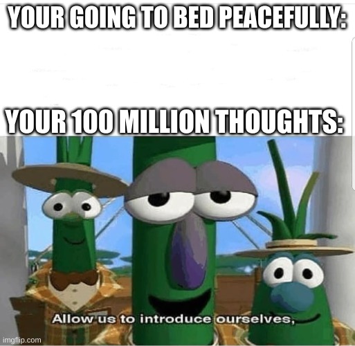 Allow us to introduce ourselves | YOUR GOING TO BED PEACEFULLY:; YOUR 100 MILLION THOUGHTS: | image tagged in allow us to introduce ourselves | made w/ Imgflip meme maker