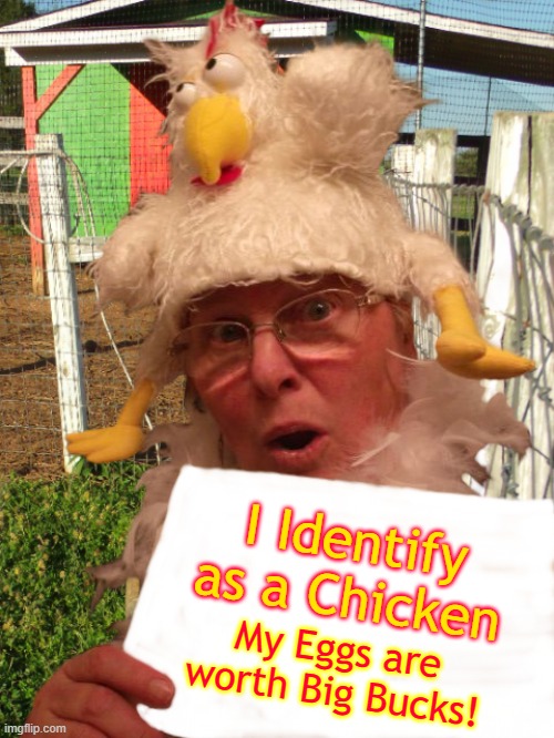 I Identify as a Chicken; My Eggs are
worth Big Bucks! | made w/ Imgflip meme maker