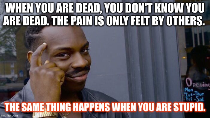 Roll Safe Think About It Meme | WHEN YOU ARE DEAD, YOU DON'T KNOW YOU ARE DEAD. THE PAIN IS ONLY FELT BY OTHERS. THE SAME THING HAPPENS WHEN YOU ARE STUPID. | image tagged in memes,roll safe think about it | made w/ Imgflip meme maker