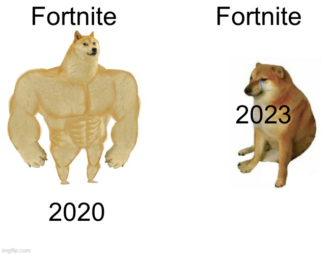 Buff Doge vs. Cheems | Fortnite; Fortnite; 2023; 2020 | image tagged in memes,buff doge vs cheems | made w/ Imgflip meme maker