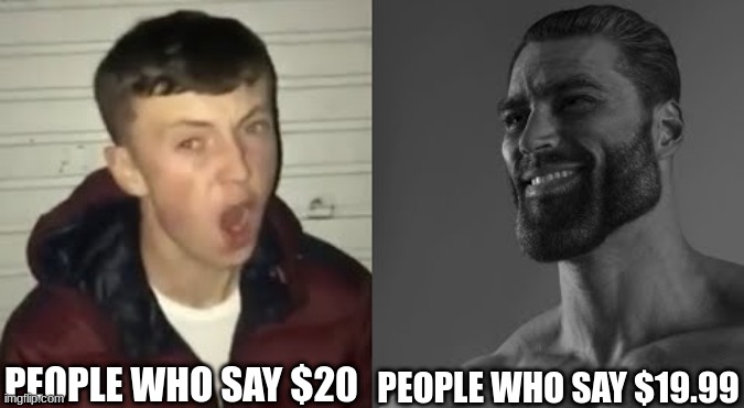 Average Enjoyer meme | PEOPLE WHO SAY $20; PEOPLE WHO SAY $19.99 | image tagged in average enjoyer meme | made w/ Imgflip meme maker