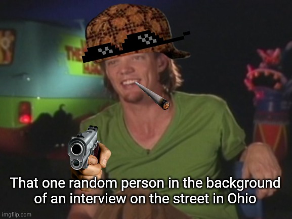 Ohio news be like | That one random person in the background of an interview on the street in Ohio | image tagged in shaggy interview | made w/ Imgflip meme maker