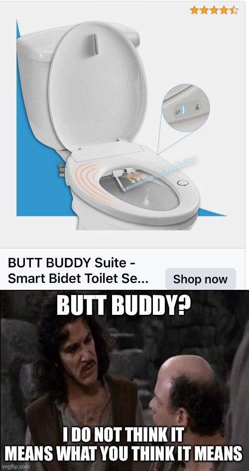 Butt buddy? | BUTT BUDDY? I DO NOT THINK IT MEANS WHAT YOU THINK IT MEANS | image tagged in you keep using that word,butt,buddy,toilet,i do not think that means what you think it means | made w/ Imgflip meme maker
